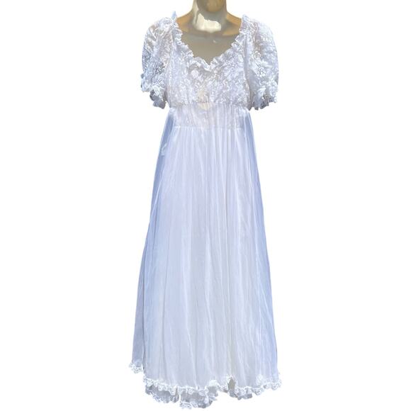 60s 70s Tosca Lingerie Chiffon Lace Bridal Peignoir Set Nightgown Robe Large - Picture 4 of 8